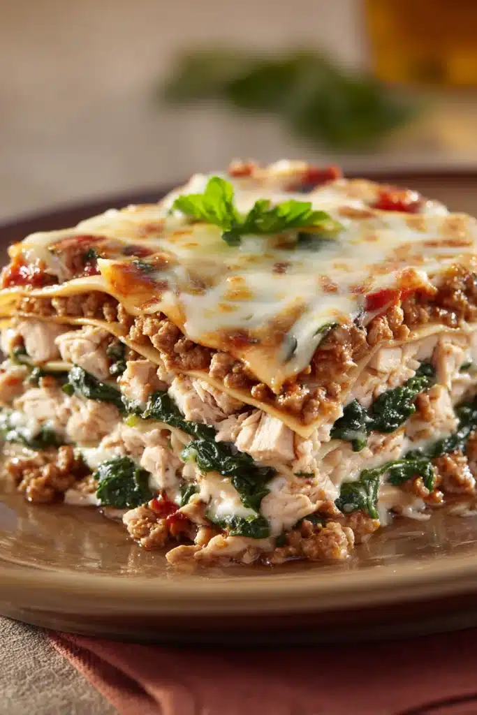 Close-up of high protein chicken lasagna with layers of pasta, cheese, and sauce.
