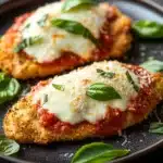 Close-up of high protein chicken parmesan with melted cheese and tomato sauce