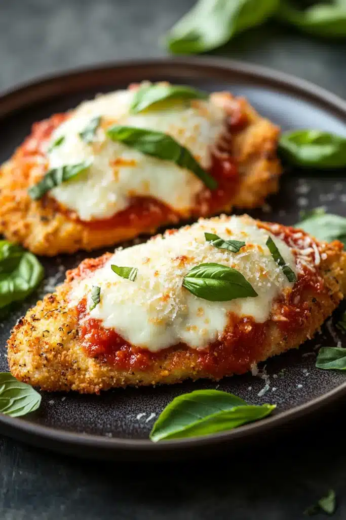 Close-up of high protein chicken parmesan with melted cheese and tomato sauce