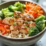 Close-up of a high protein chicken rice bowl with vibrant vegetables and grains