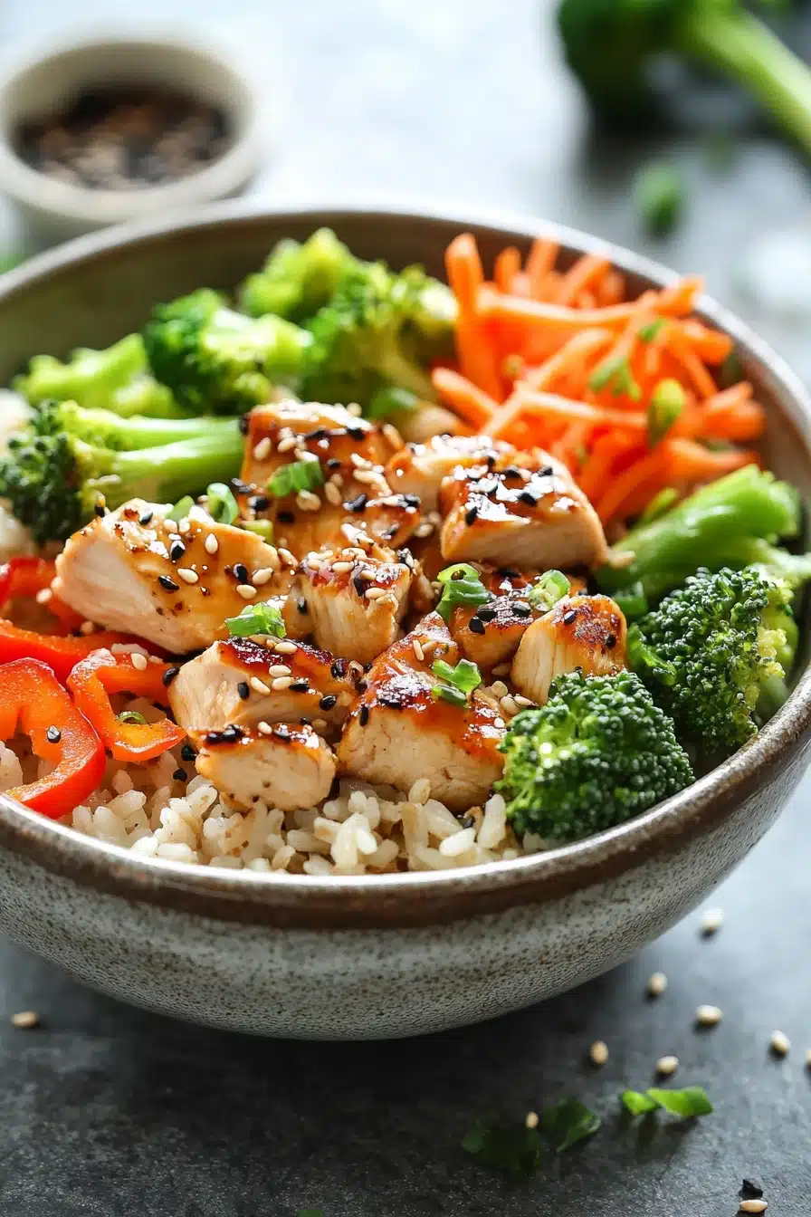 Close-up of a high protein chicken rice bowl with vibrant vegetables and grains