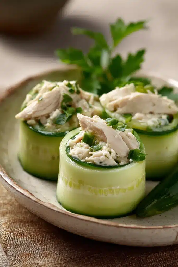 Close-up of high protein chicken salad cucumber roll with fresh ingredients