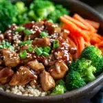 Close-up of a high protein chicken teriyaki bowl with vibrant vegetables and sesame seeds