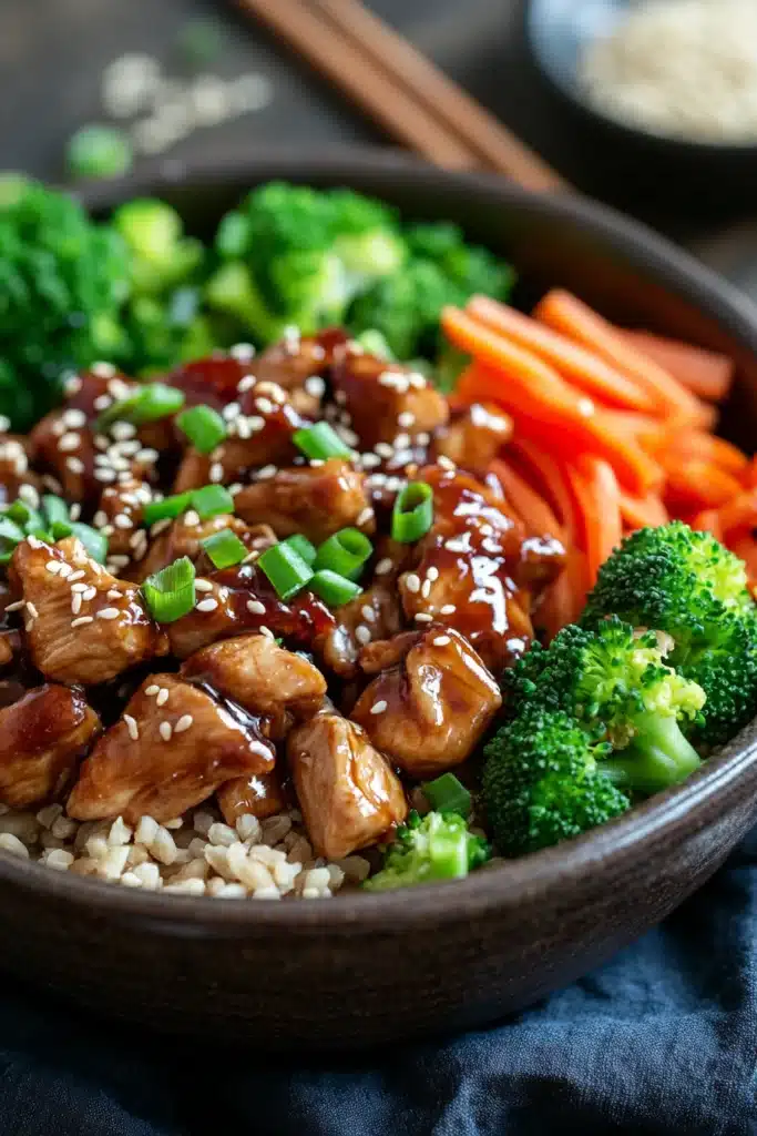 Close-up of a high protein chicken teriyaki bowl with vibrant vegetables and sesame seeds