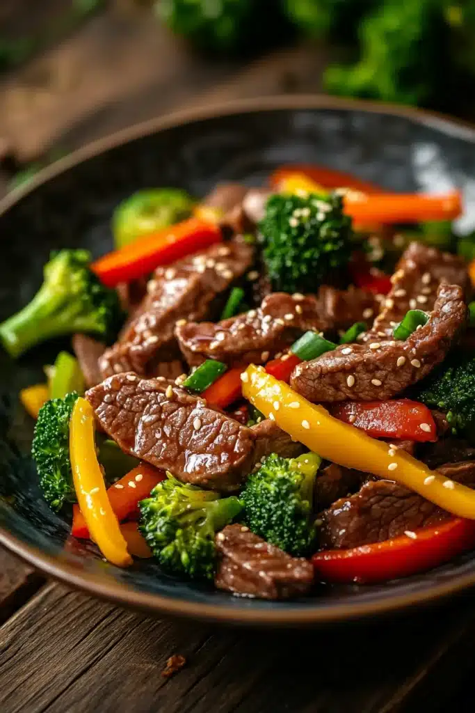 Close-up of a savory beef dish with bright lighting and clean background, perfect for a high protein dinner.