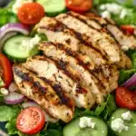 Close-up of a high protein grilled chicken salad with fresh greens and vibrant colors.