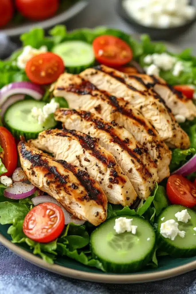 Close-up of a high protein grilled chicken salad with fresh greens and vibrant colors.