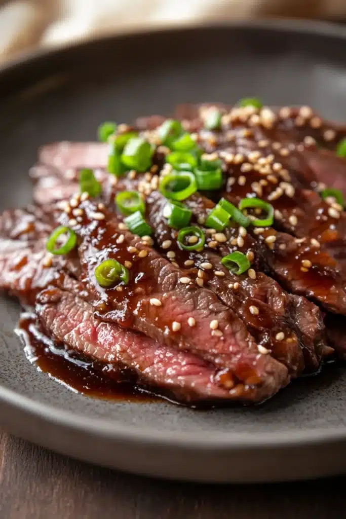 Close-up of high protein Korean BBQ beef with bright, warm lighting and sharp textures.