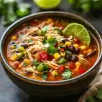 Close-up of high protein low calorie chicken enchilada soup with creamy sauce and chicken pieces
