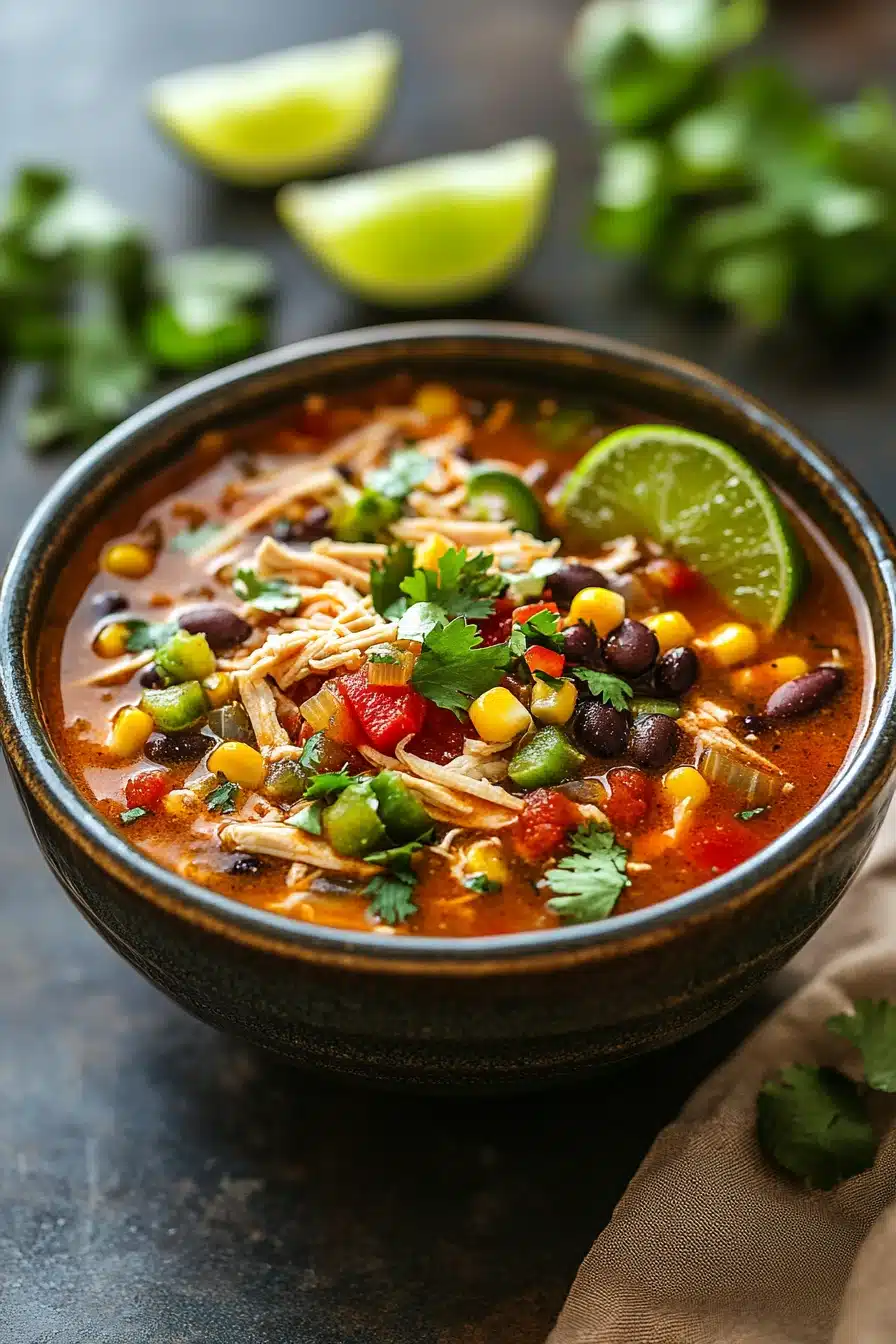 Close-up of high protein low calorie chicken enchilada soup with creamy sauce and chicken pieces