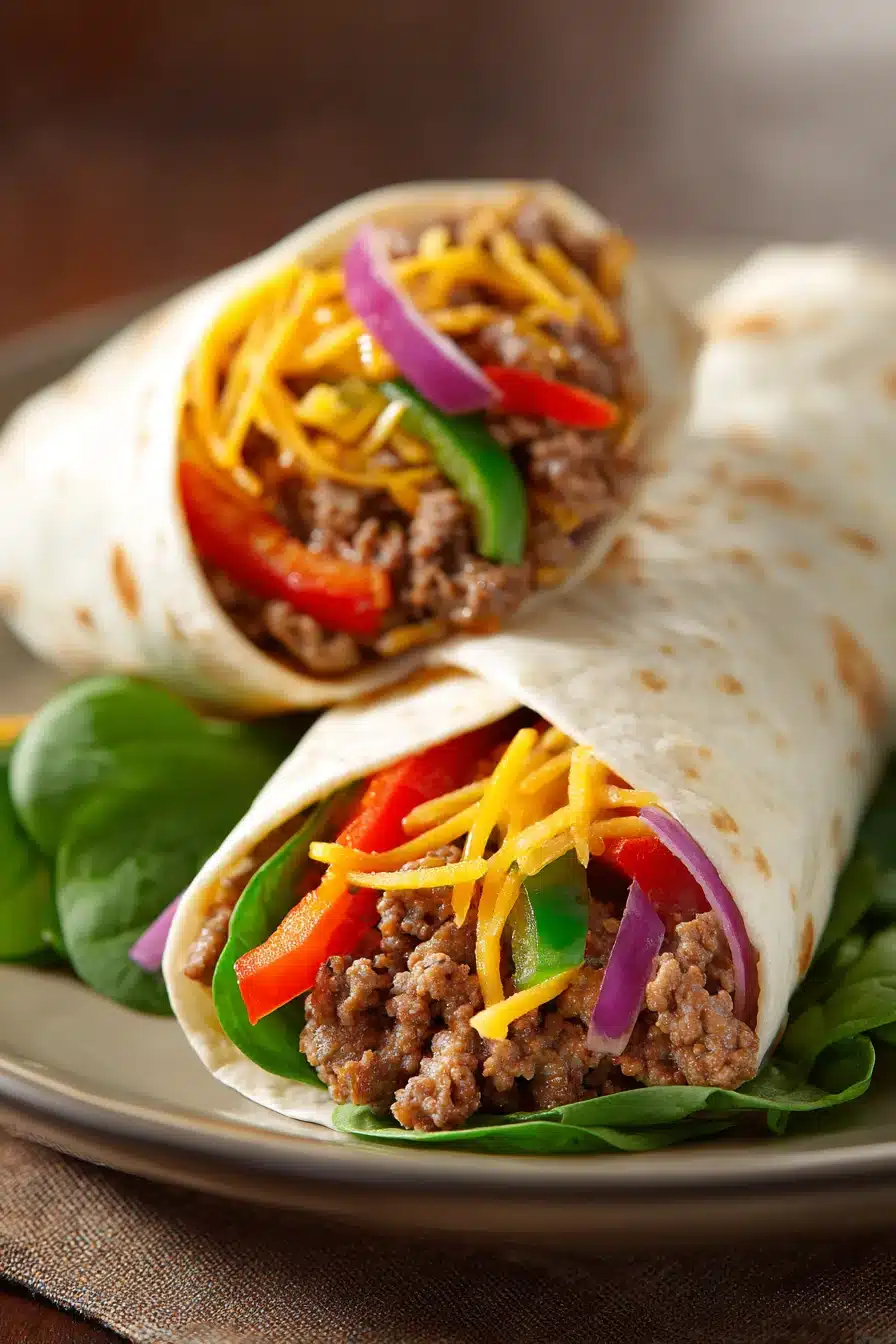 Close-up of high protein beef wraps with fresh ingredients on a clean background
