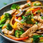 Close-up of a high volume low calorie chicken dish with creamy sauce and herbs