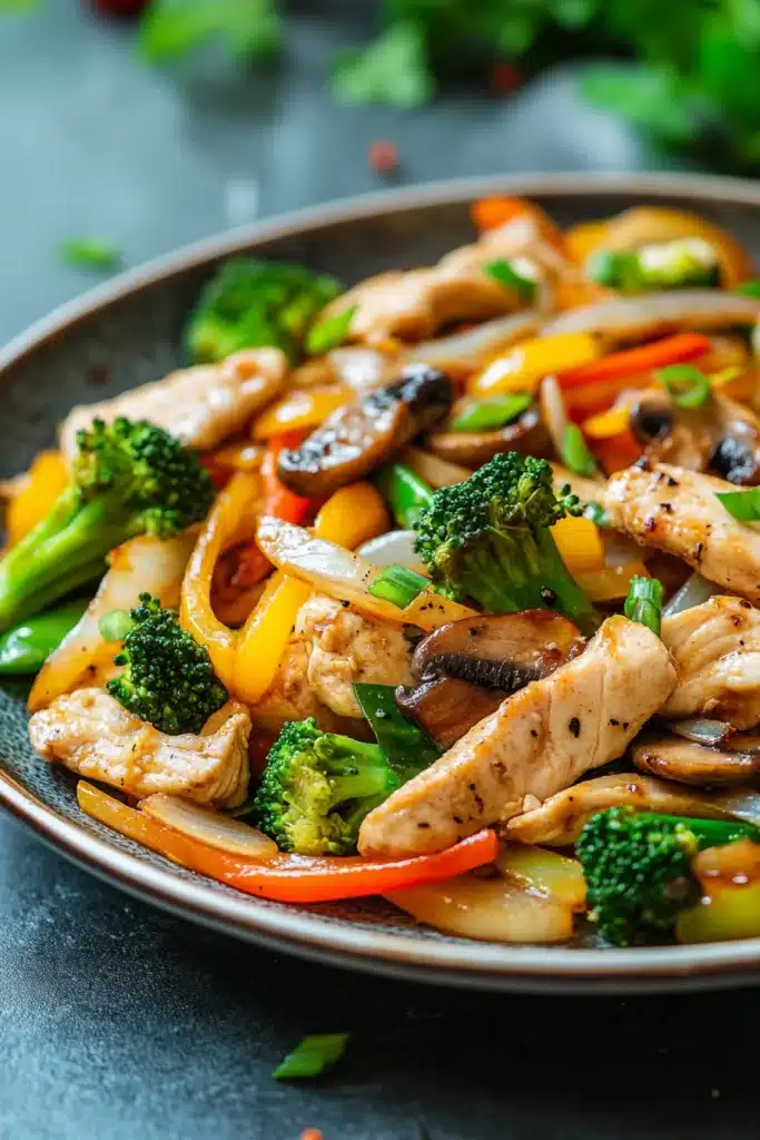 Close-up of a high volume low calorie chicken dish with creamy sauce and herbs