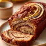 Close-up of homemade cinnamon swirl banana bread with a golden crust and visible swirls.