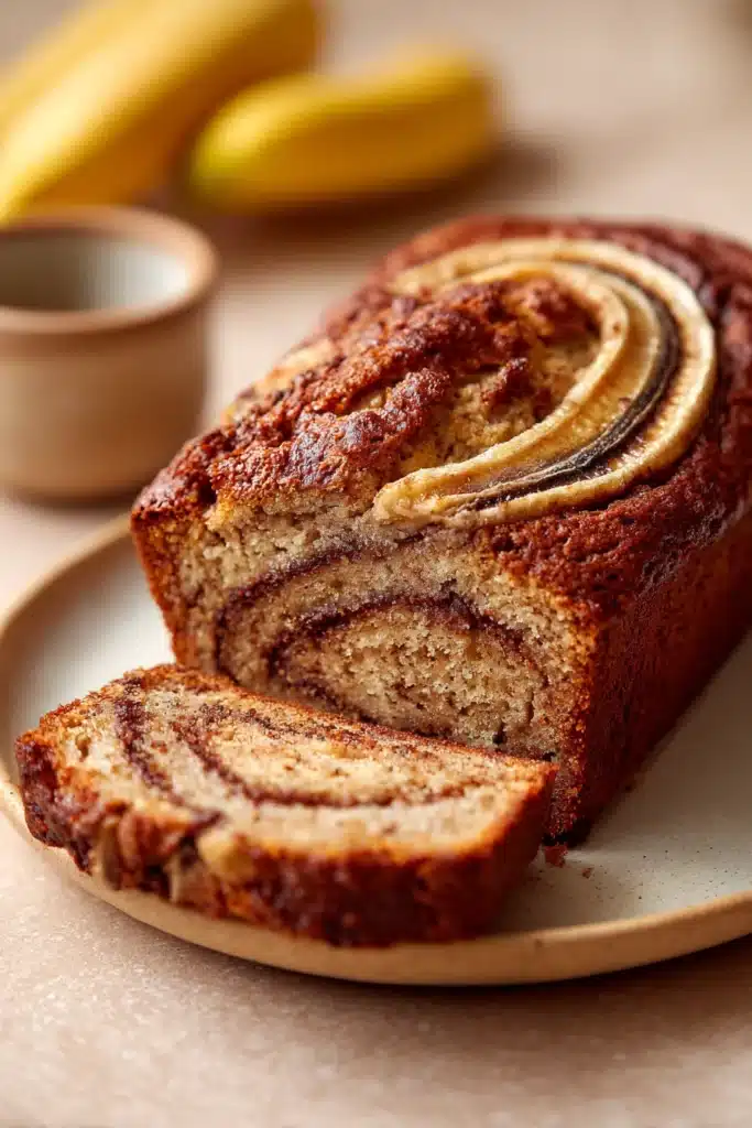Close-up of homemade cinnamon swirl banana bread with a golden crust and visible swirls.