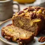 Close-up of Hummingbird Banana Bread with a clean background and bright lighting.