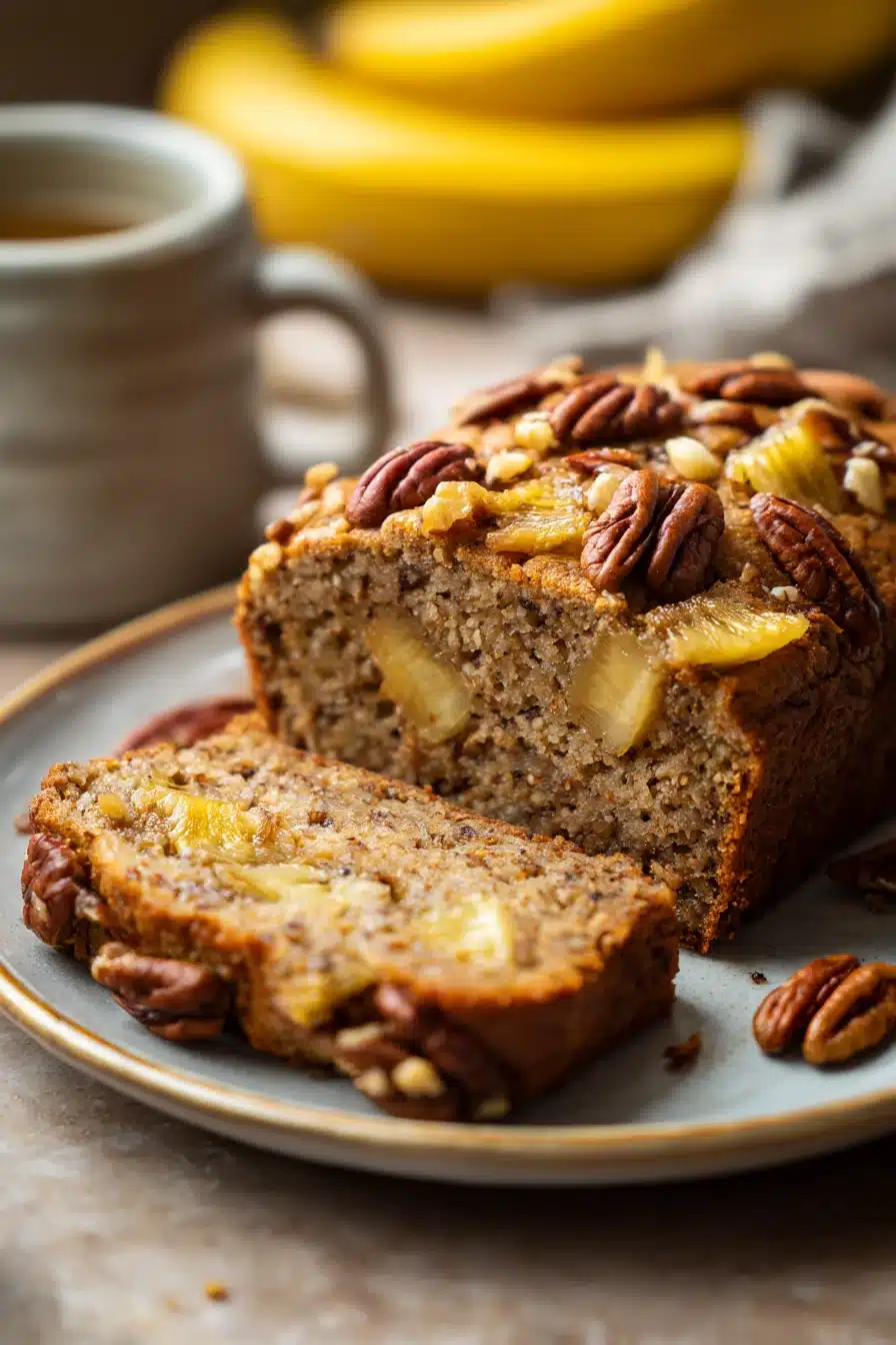 Close-up of Hummingbird Banana Bread with a clean background and bright lighting.