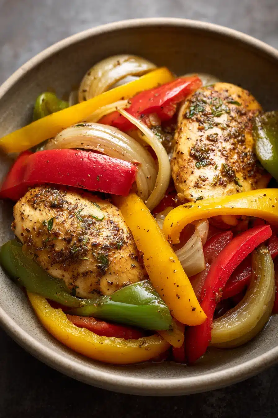 Close-up of Instant Pot chicken and peppers with vibrant colors and clear textures.