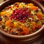 Close-up of Jeweled Vegetarian Rice Plov with colorful vegetables and herbs