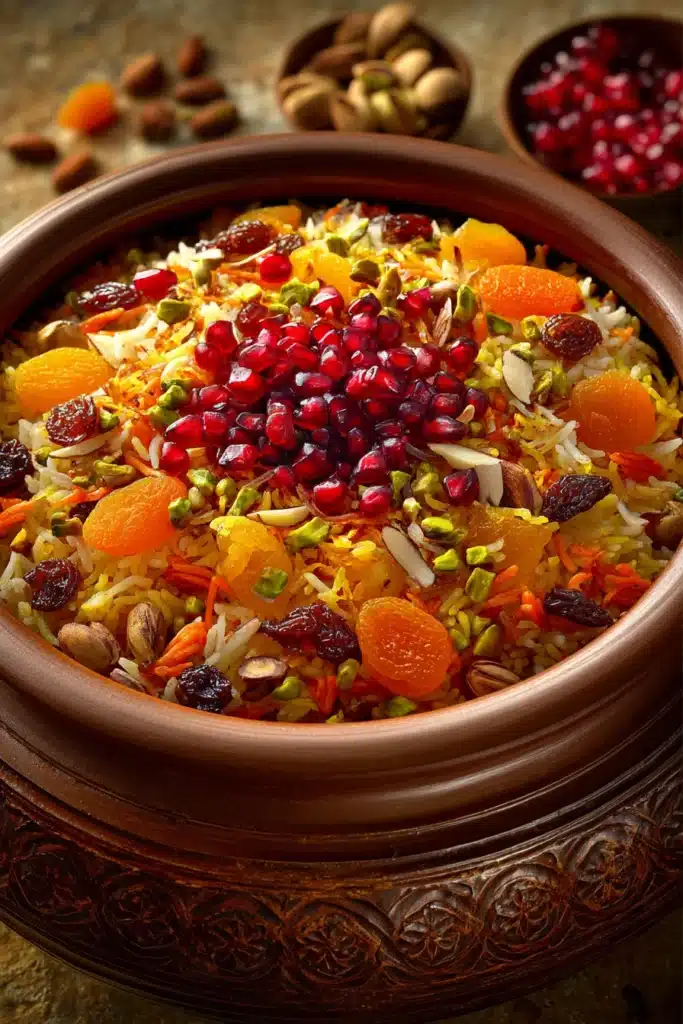 Close-up of Jeweled Vegetarian Rice Plov with colorful vegetables and herbs