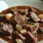 Close-up of keto beef tips and gravy in a crock pot with a rich, hearty appearance.