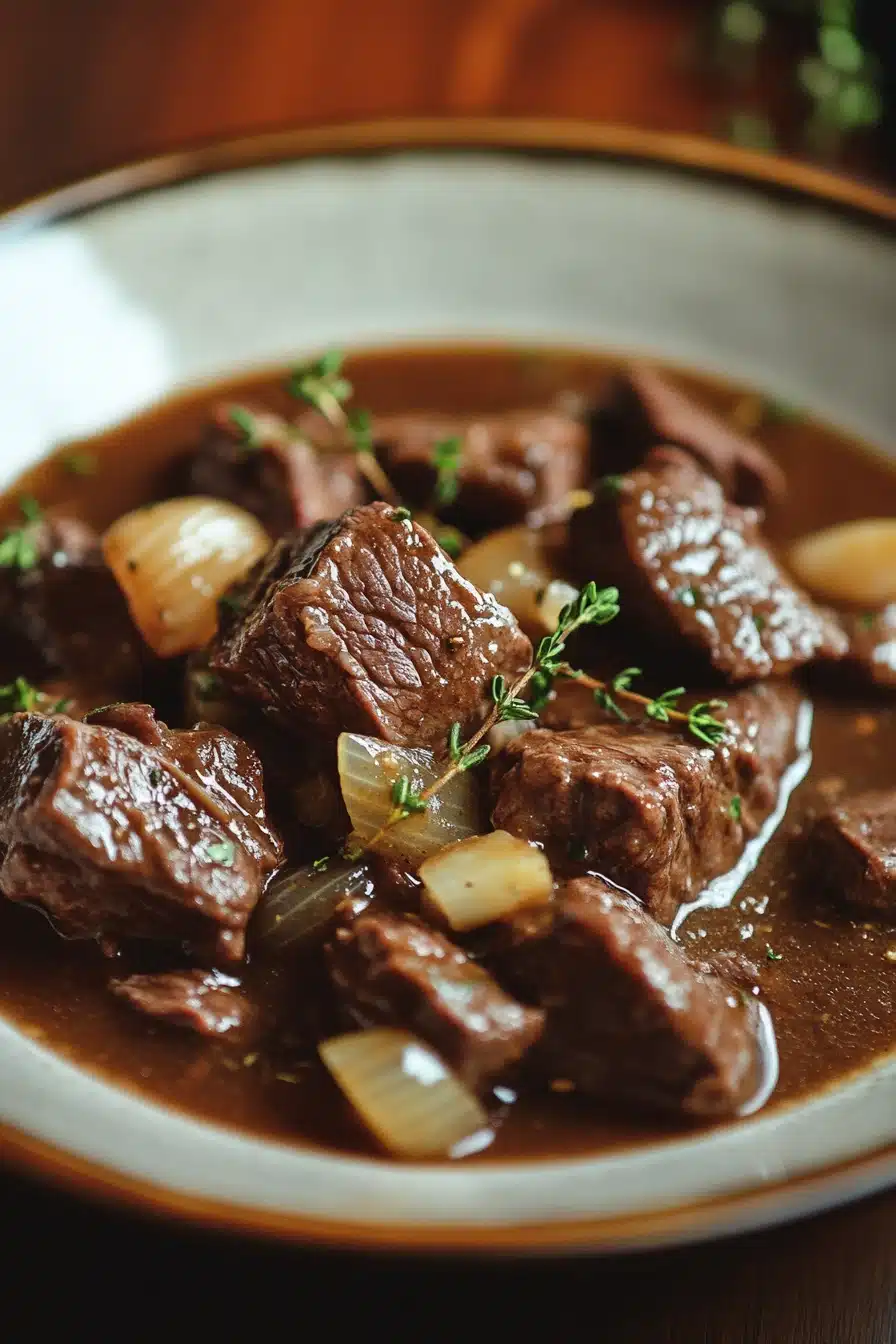 Close-up of keto beef tips and gravy in a crock pot with a rich, hearty appearance.