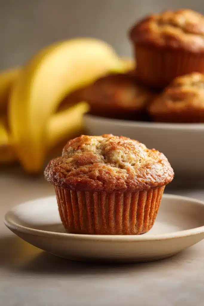 Close-up of freshly baked Kodiak Cakes banana muffins on a clean white background.