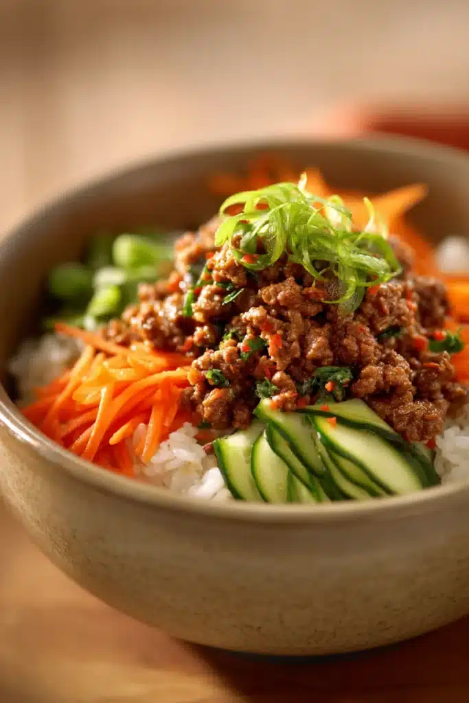Close-up of a Korean ground beef bowl with rice and vegetables, bright and appetizing.