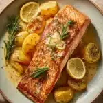 Close-up of lemon air fryer salmon with bright natural lighting and minimal background.