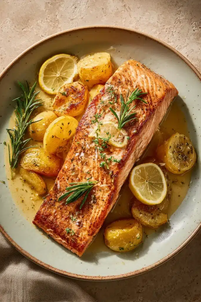Close-up of lemon air fryer salmon with bright natural lighting and minimal background.
