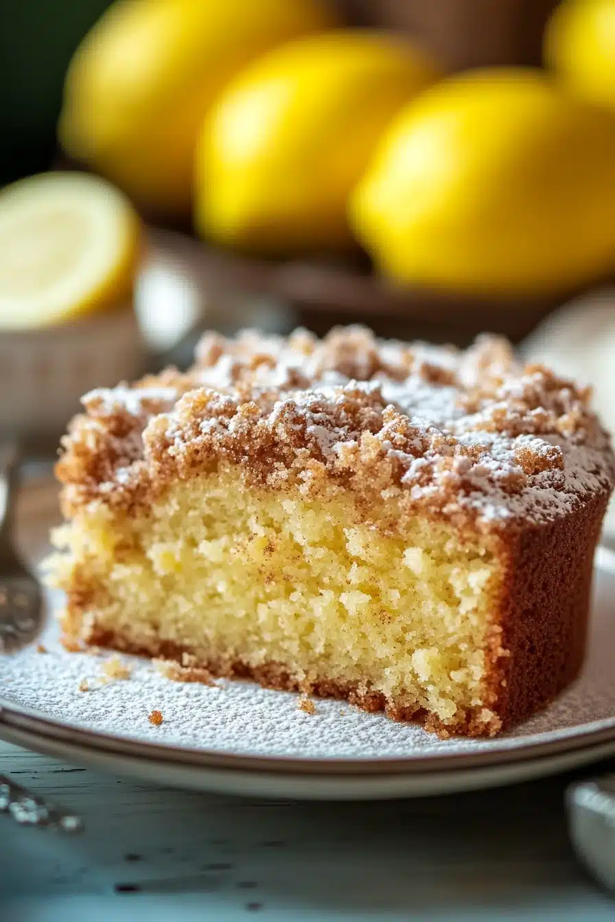 Close-up of a lemon coffee cake with a crumbly topping and bright lighting.