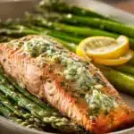 Close-up of lemon herb butter salmon with asparagus on a white plate