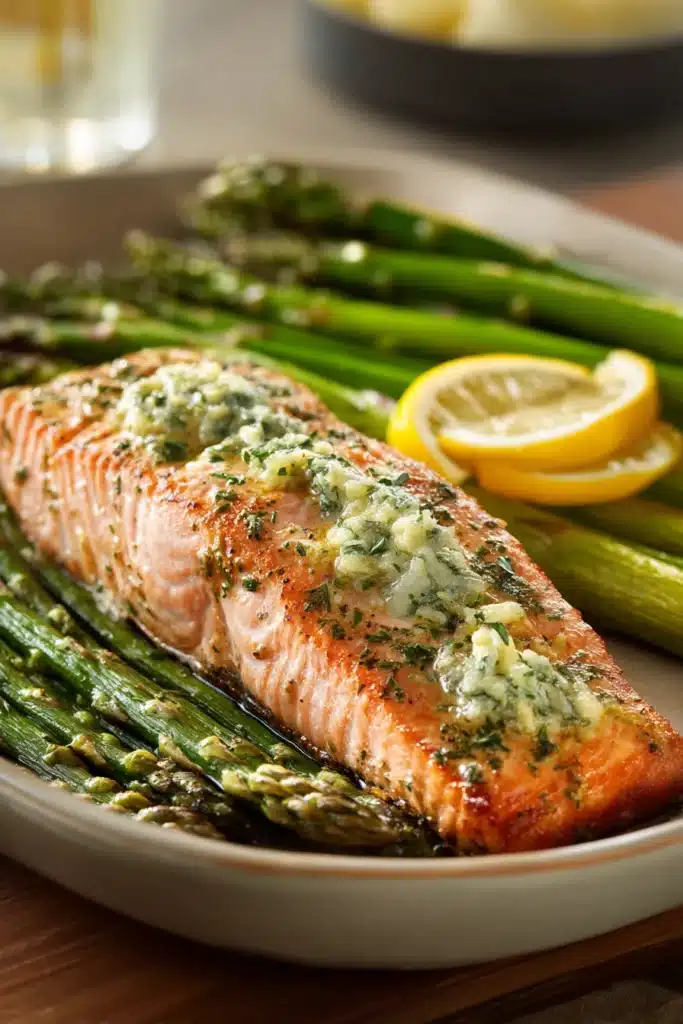 Close-up of lemon herb butter salmon with asparagus on a white plate