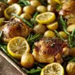Close-up of a lemon sheet pan dinner with lemon slices and herbs on a clean background.