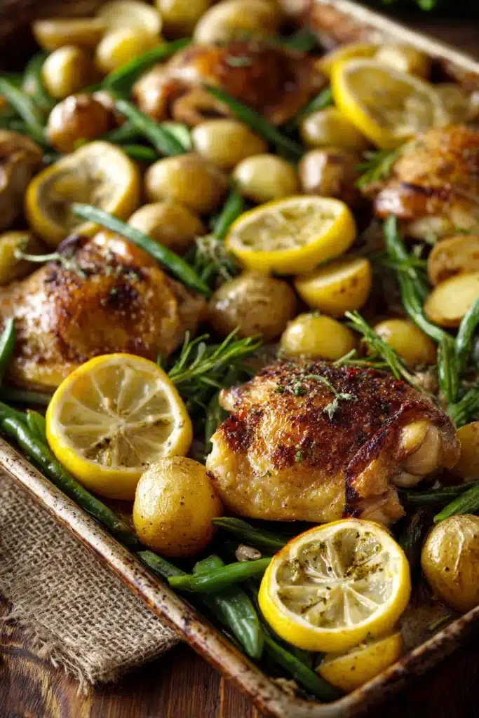 Close-up of a lemon sheet pan dinner with lemon slices and herbs on a clean background.