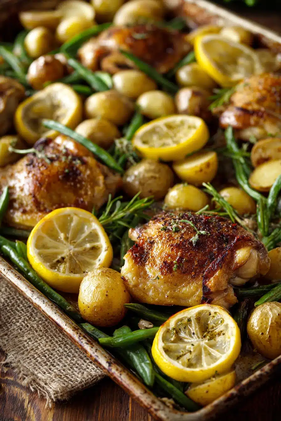 Close-up of a lemon sheet pan dinner with lemon slices and herbs on a clean background.