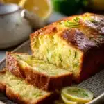Close-up of a lemon zucchini loaf cake with a light glaze on a white plate.