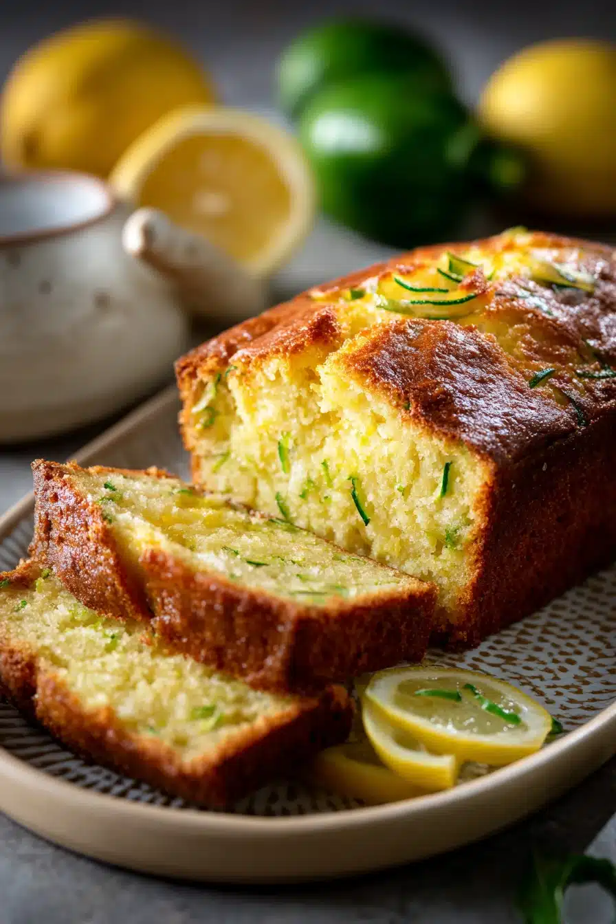 Close-up of a lemon zucchini loaf cake with a light glaze on a white plate.