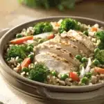 Close-up of a low calorie chicken and rice dish with bright lighting and clean background