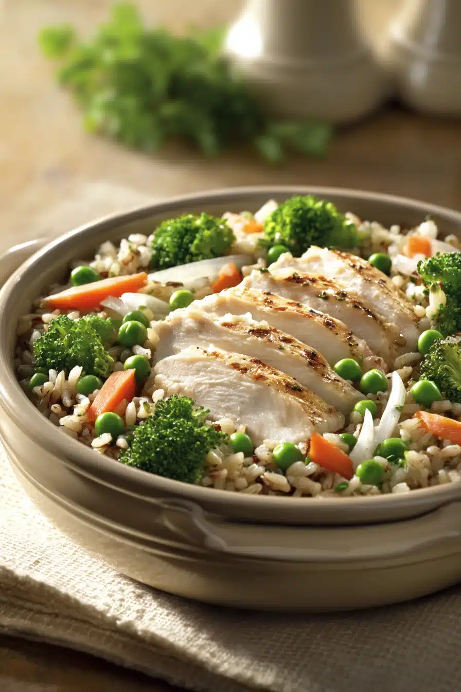 Close-up of a low calorie chicken and rice dish with bright lighting and clean background