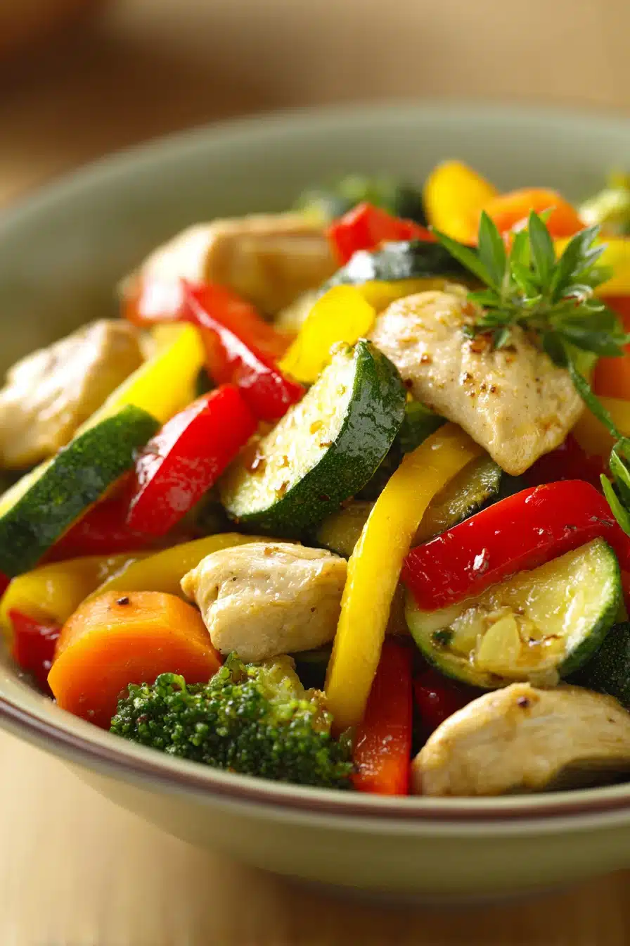 Close-up of a low calorie chicken and vegetable dish with vibrant colors and fresh ingredients.