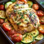 Close-up of a low calorie chicken bake with golden crust and herbs