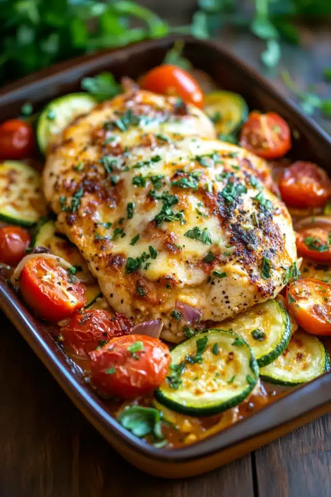 Close-up of a low calorie chicken bake with golden crust and herbs