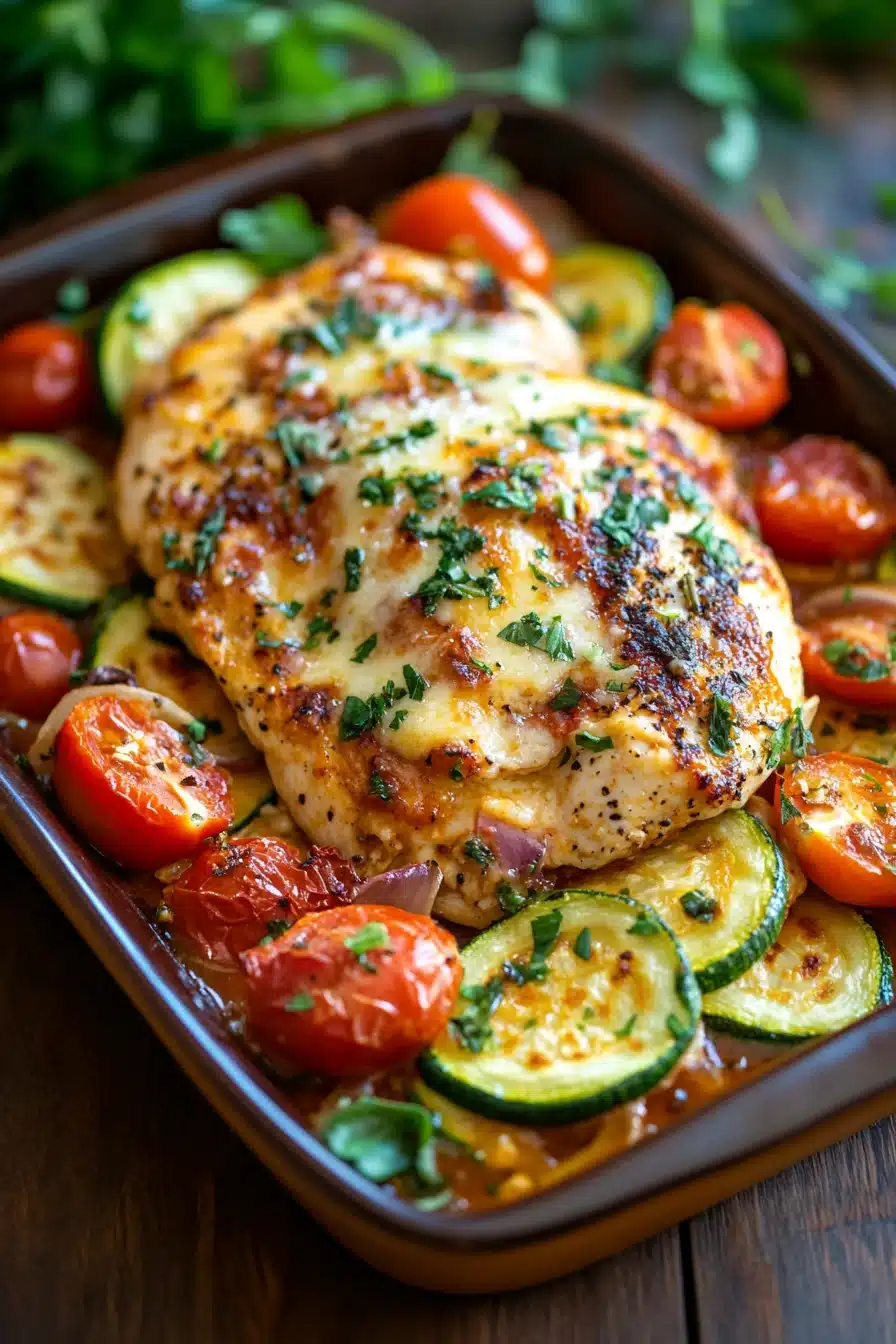 Close-up of a low calorie chicken bake with golden crust and herbs