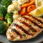 Close-up of a low calorie chicken dinner with bright natural lighting