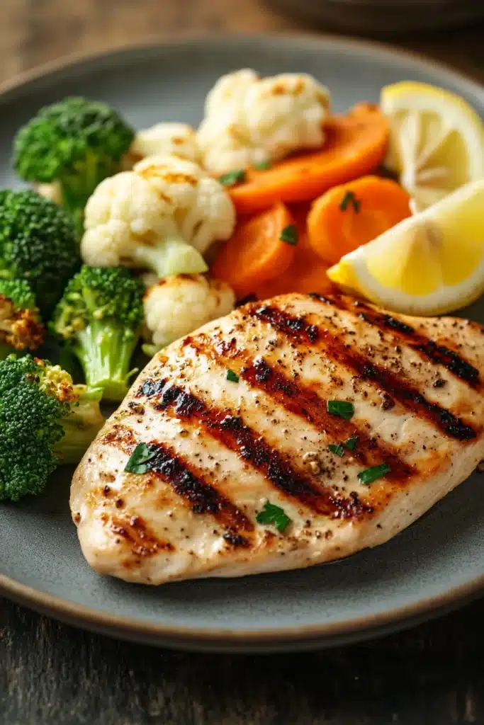 Close-up of a low calorie chicken dinner with bright natural lighting