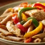 Close-up of low calorie chicken fajita pasta with vibrant colors and creamy sauce
