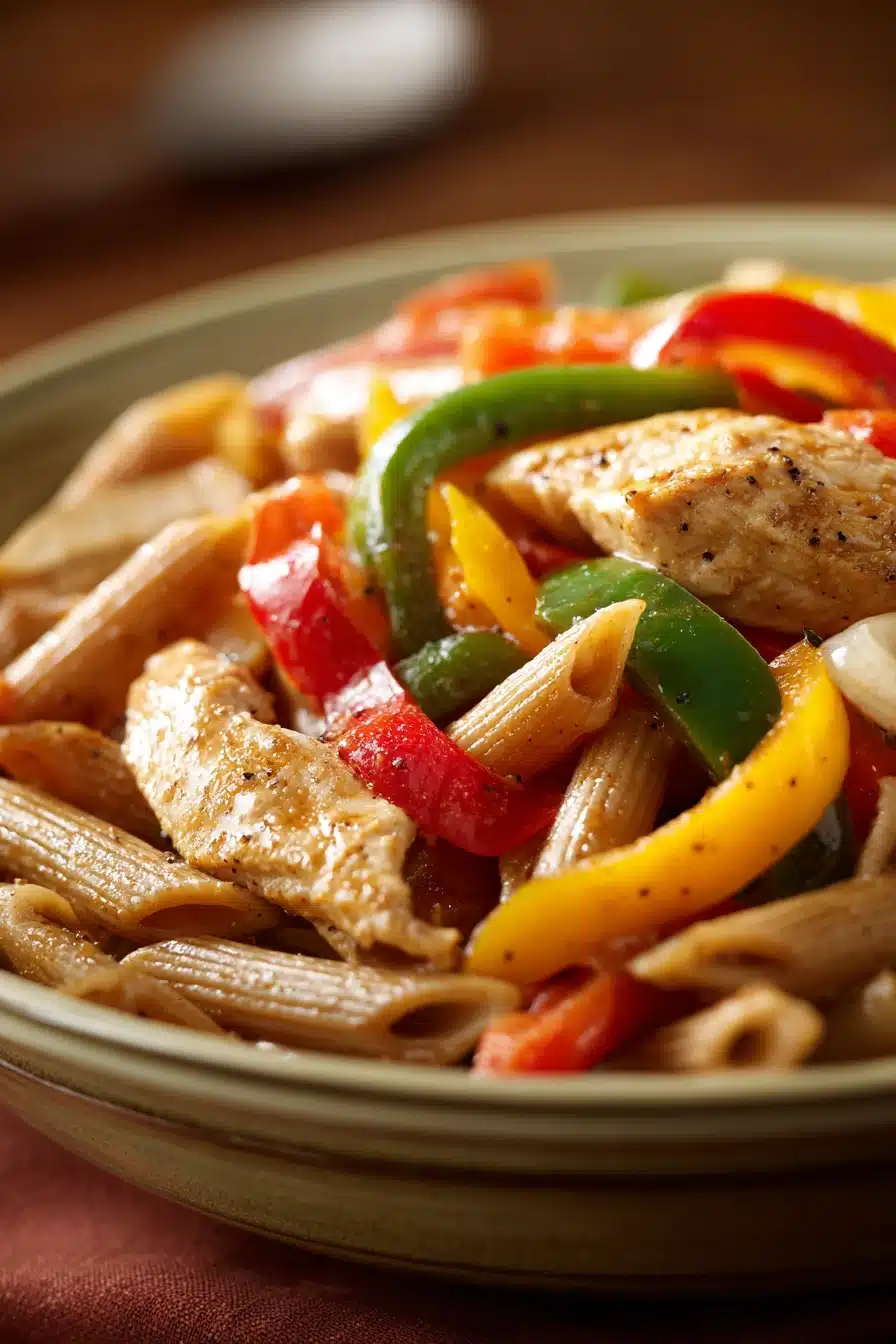 Close-up of low calorie chicken fajita pasta with vibrant colors and creamy sauce