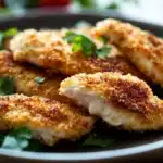 Close-up of crispy low calorie chicken fingers on a white plate with a dipping sauce.