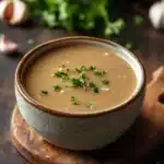 Close-up of low calorie chicken gravy with creamy sauce on a white plate.